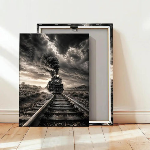 Killer Monochrome Train Canvas Wall Art Vintage Steam Locomotive Poster With Desert Canyon Tracks And Dramatic Storm Clouds Framed 24x36 Inches Ideal For Living Room Or Man Cave Decor
