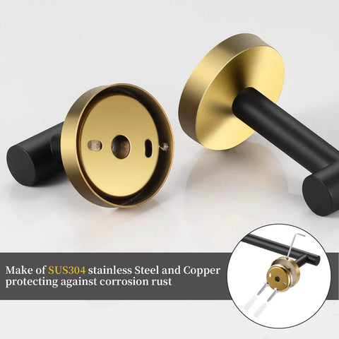 Close-up of black gold wall mounts in 5 Piece Black Gold Bathroom Hardware Set with 16 Inch Towel Bar, stainless steel build.