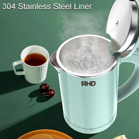 0.5L Portable Electric Kettle For On The Go Quick Boil, Stainless Steel Travel Kettle With Boil Dry Protection And Auto Shut Off, Ideal For Dorms, Office, Coffee, Tea, And Eggs, Green, shown with open lid and boiling water
