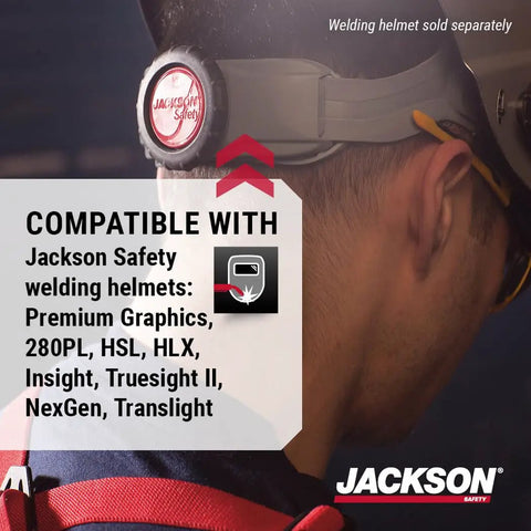 370 Speed Dial Replacement Headgear For Welding Helmets With Oversized Adjuster Knob, shown installed on helmet side view.