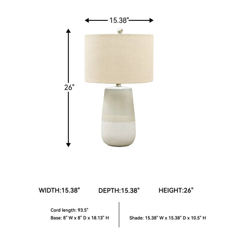 Dimensions of Contemporary Ceramic Table Lamp With Textured Neutral Glaze In Beige And White, 27 Inch Tall, Fabric Drum Shade