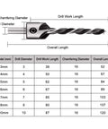 Rocaris woodworking chamfer drilling tool diagram showing drill diameter, chamfer diameter, and length chart (3–10 mm).