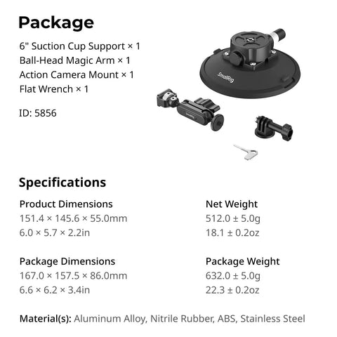 6 Inch Suction Cup Mount With Ball Head Magic Arm For Action Cameras, accessories displayed on white background with specifications
