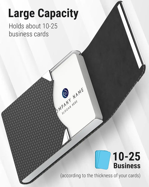 Slim RFID Blocking Card Holder In Black Carbon PU Leather And Stainless Steel With Magnetic Closure Holds 15 To 25 Cards