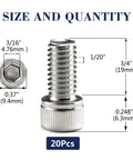 1/4-20 x 3/4 Inch Socket Head Cap Screw Bolts 304 18 8 Stainless Steel Allen Hex Drive Full Thread 20 Pack with size details