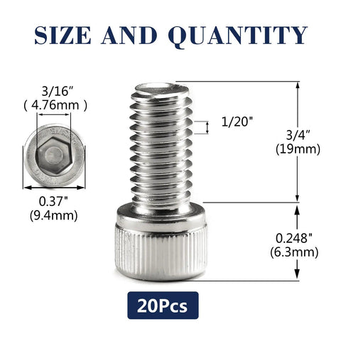 1/4-20 x 3/4 Inch Socket Head Cap Screw Bolts 304 18 8 Stainless Steel Allen Hex Drive Full Thread 20 Pack with size details