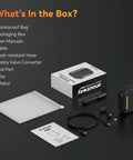 On-The-Go Mini Bike Pump With Gauge, Ultra-Compact 120 PSI Electric Inflator set, including box, battery, hose, and converters.