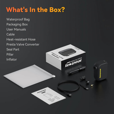 On-The-Go Mini Bike Pump With Gauge, Ultra-Compact 120 PSI Electric Inflator set, including box, battery, hose, and converters.