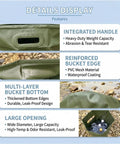 Features of portable camping shower with heater including 5.3 gallon foldable bucket, handle, reinforced edges, and large opening.