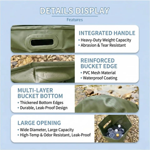 Features of portable camping shower with heater including 5.3 gallon foldable bucket, handle, reinforced edges, and large opening.