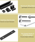 Aluminum Solar Panel Mounting Kit components, including alloy material rails, stainless steel screws, and EPDM gaskets.