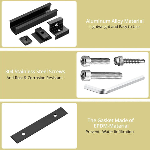 Aluminum Solar Panel Mounting Kit components, including alloy material rails, stainless steel screws, and EPDM gaskets.
