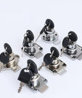 Heavy Duty Cold Rolled Steel Cam Drawer Lock For Cabinets Locks Drawers And Closets Rust Resistant Cylinder Latch With Legit Solid Keys Secure Your Gear Today 16x21mm 6 locks with keys arranged on white background.