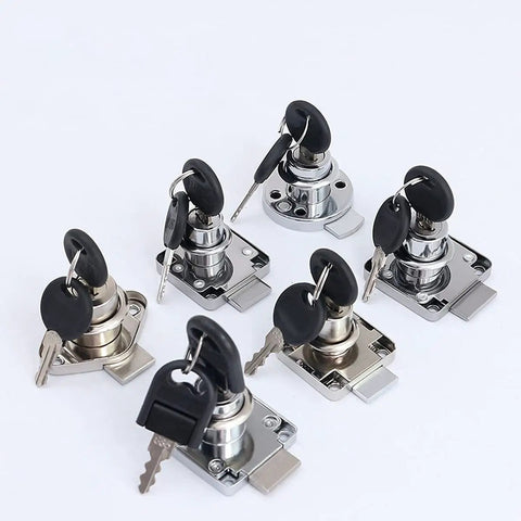 Heavy Duty Cold Rolled Steel Cam Drawer Lock For Cabinets Locks Drawers And Closets Rust Resistant Cylinder Latch With Legit Solid Keys Secure Your Gear Today 16x21mm 6 locks with keys arranged on white background.