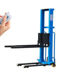 Heavy Duty Electric Pallet Stacker Hydraulic Lift 1100 Lbs Capacity with remote control for easy adjustment in warehouse.