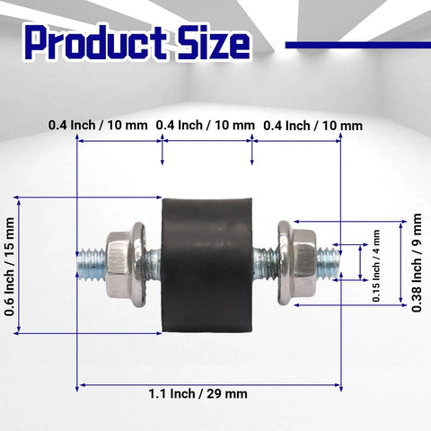 Top Shelf Rubber Vibration Isolator Mounts Eight Piece Kit Featuring M4 X 10mm Threads and 15 X 10mm Base with size measurements