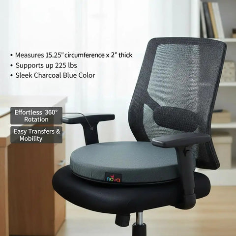 Noova Swivel Seat Cushion With Removable Washable Cover Offers 360 Rotation For Easy Car Entry Exit And Hip Back Pressure Relief Non Slip Base For Home Or Auto Use Comfortable Padded Mobility Aid on a grey office chair.