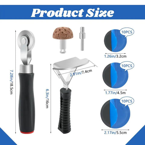 Heavy Duty Tire Repair Patch Kit 33 Piece Tool Set Includes Tungsten Buffing Wheel Roller and Scraper for Quick Back On The Road Fixes to Heal Car Punctures Without the Garage Headaches or Fat Wallet Pain Tonight size chart with tools, dimensions, and rubber patches shown
