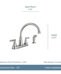 Hutchinson Spot Resist Stainless 2-Handle High Arc Kitchen Faucet With Side Sprayer, faucet measurements and features shown