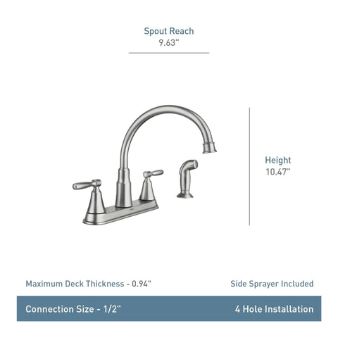Hutchinson Spot Resist Stainless 2-Handle High Arc Kitchen Faucet With Side Sprayer, faucet measurements and features shown