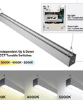 Dual CCT Tunable Direct Indirect 4 Foot Linear Up Down Light With Linkable Design shown in silver finish with CCT switches