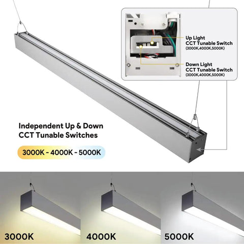 Dual CCT Tunable Direct Indirect 4 Foot Linear Up Down Light With Linkable Design shown in silver finish with CCT switches