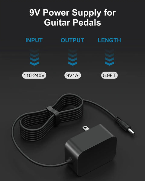 Rock-Solid 9V Guitar Pedal Power Supply With Quiet Gig-Ready Operation, compatible with Boss PSA adapters, 5.9ft cable