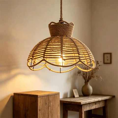 YNAHZAOK Hand-Woven Jute Rope Pendant Light Wrapped Iron Frame Hanging Lamp with Natural Hemp Rope Cord above wooden table.