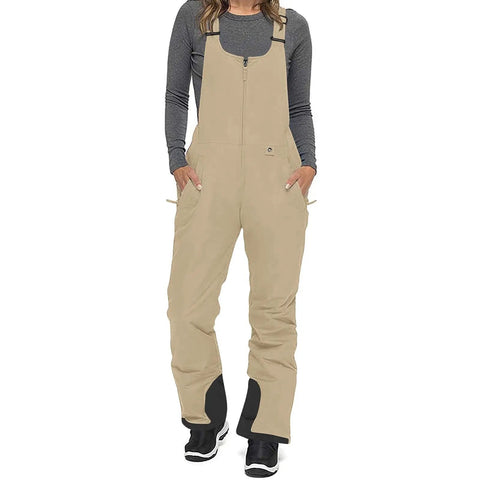 Beige Women's Sleeveless Ski Bibs Snow Pants For Winter Cozy Fit Lightweight Breathable Polyester With Spandex Adjustable Straps