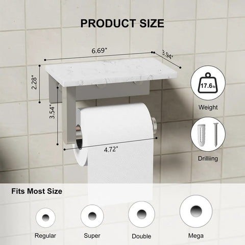 Rock Solid Brushed Nickel Toilet Paper Holder With Real Marble Shelf Wall Mount Tissue Dispenser dimensions on tiles.