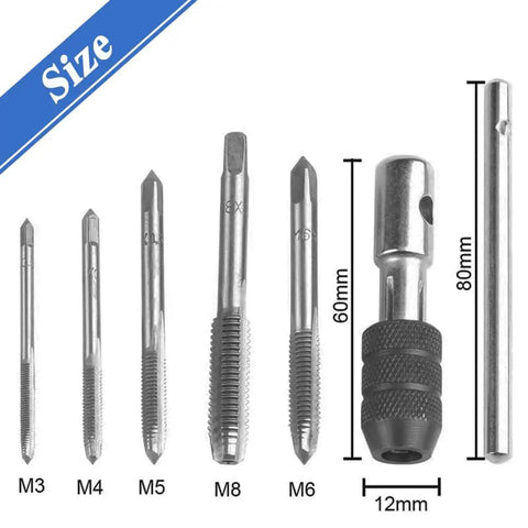 Six Piece Adjustable T Handle Tap Wrench Set With Ratchet Tap Holder And Five Metric Taps M3 M4 M5 M6 M8 For Thread Tapping