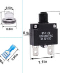 Five Pack Push Button Circuit Breakers With Manual Reset 3A 5A 10A 15A 20A 125/250V AC And 32V DC Quick Connect Terminals Waterproof Button Caps Thermal Overload Protection Drop In Replacement Built Tough