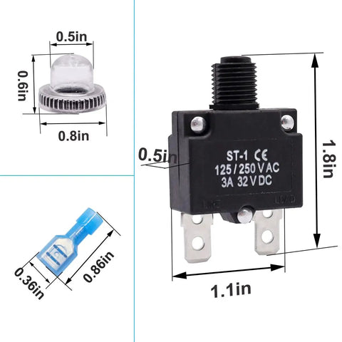 Five Pack Push Button Circuit Breakers With Manual Reset 3A 5A 10A 15A 20A 125/250V AC And 32V DC Quick Connect Terminals Waterproof Button Caps Thermal Overload Protection Drop In Replacement Built Tough