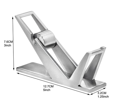Modern Art Tape Dispenser Stainless Steel Silver, side view dimensions 5x1.25x3 inches Patented Cutter Holder Premium Desk Organizer