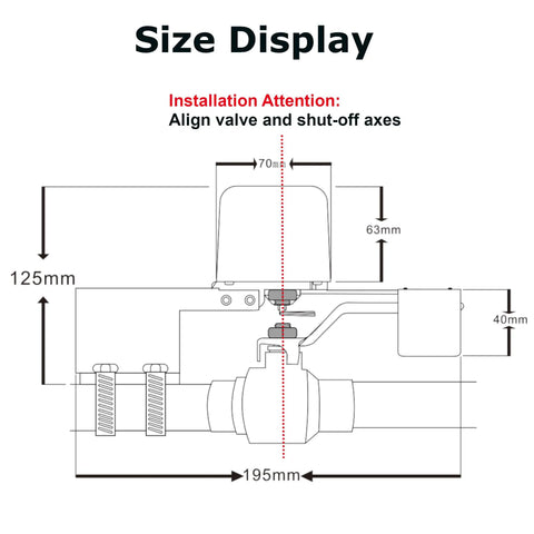 Diagram showing dimensions for Smart Water Valve Controller 3rd Gen WiFi Shutoff for Home Automation Works With Alexa And Google Assistant