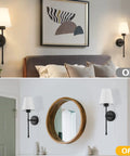 Set of 2 Retro Industrial Hardwired Wall Sconces with White Fabric Shades Slim Wall Mounted Vanity Lights for Bathroom Vintage Style Lighting Fixtures to Create Cozy Ambience in bedroom and hallway, one with lights on and one off.