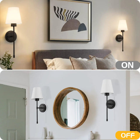 Set of 2 Retro Industrial Hardwired Wall Sconces with White Fabric Shades Slim Wall Mounted Vanity Lights for Bathroom Vintage Style Lighting Fixtures to Create Cozy Ambience in bedroom and hallway, one with lights on and one off.