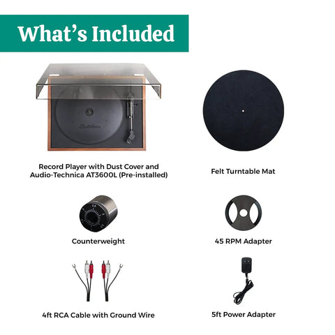 Electrohome Montrose Vinyl Record Player With Belt Drive Turntable And Audio-Technica Stylus Speed Control Motor Built-In Preamp components including felt mat and adapters.