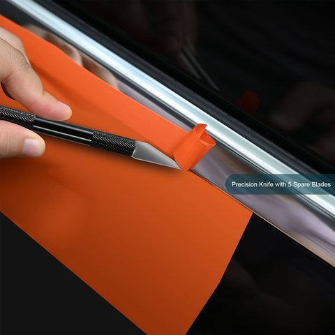 Car Window Tint Installation Kit With 9 In 1 Window Film Tools For Easy Tinting, craft knife with orange vinyl on window edge