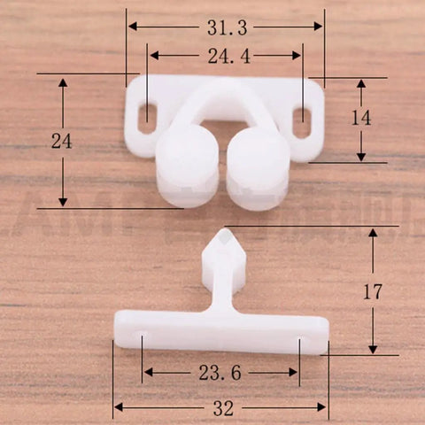 Dimensions of Three Piece Door Roller Kit With Double Ball Catch for Cabinet Closet Wardrobe Dresser and Drawer Doors.