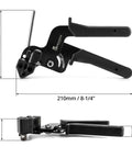 Heavy Duty Stainless Steel Cable Tie Gun For Crimping And Cutting Up To Twelve Millimeter Metal Zip Ties with ergonomic grips and dimensions.