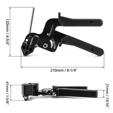 Heavy Duty Stainless Steel Cable Tie Gun For Crimping And Cutting Up To Twelve Millimeter Metal Zip Ties with ergonomic grips and dimensions.