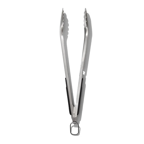 Three Piece Grilling Tool Set With Stainless Steel Turner Scalloped Tongs And Silicone Tool Rest Built In Bottle Opener Non Slip Grip