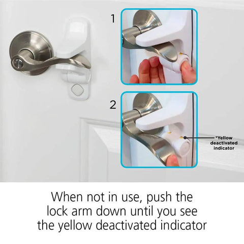 Outsmart Lever Handle Lock 2 Pack White Easy Install Kidproof Door Safety for Lever Handles, deactivated mode shown