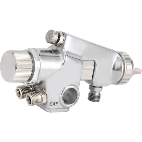 Top Shelf Pneumatic Paint Sprayer For Flawless Cabinet And Home DIY Jobs Slick Zinc Alloy Design Adjustable Spray Head close-up of nozzle and controls