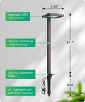 Diagram of Low Voltage LED Pathway Lights 5.6W 151 Lumen 3000K showing dimensions, aluminum housing, spike, and extension cord.