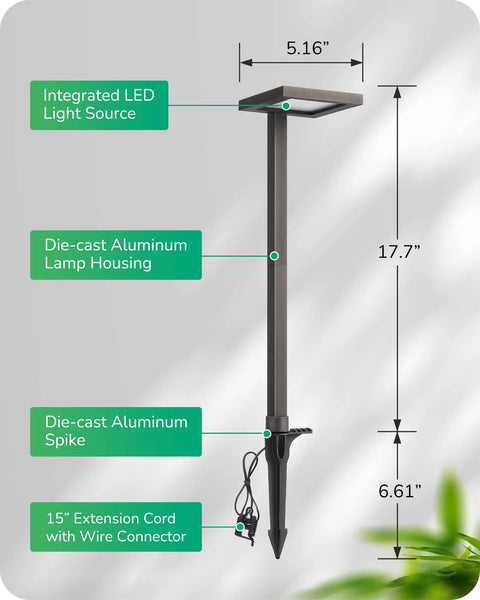 Diagram of Low Voltage LED Pathway Lights 5.6W 151 Lumen 3000K showing dimensions, aluminum housing, spike, and extension cord.