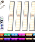 Rechargeable Under Cabinet Lights 4 Pack Wireless RGB LED Lighting with Remote, 48 LEDs, color modes, charger, remote shown