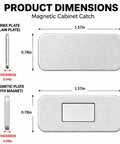 Dimensions of Six Pack No Drill Magnetic Cabinet Door Catch With Adhesive Magnets, including strike plate and magnetic plate.