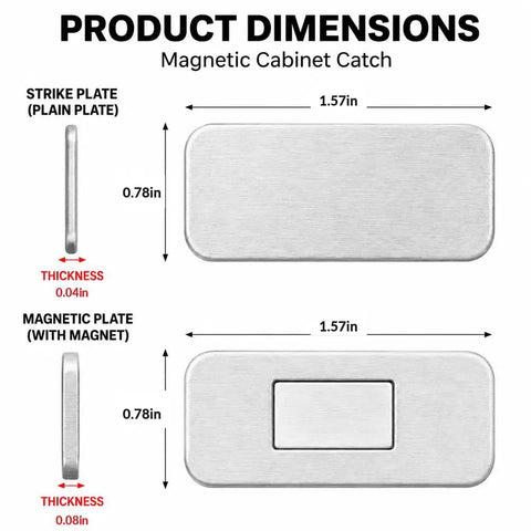 Dimensions of Six Pack No Drill Magnetic Cabinet Door Catch With Adhesive Magnets, including strike plate and magnetic plate.